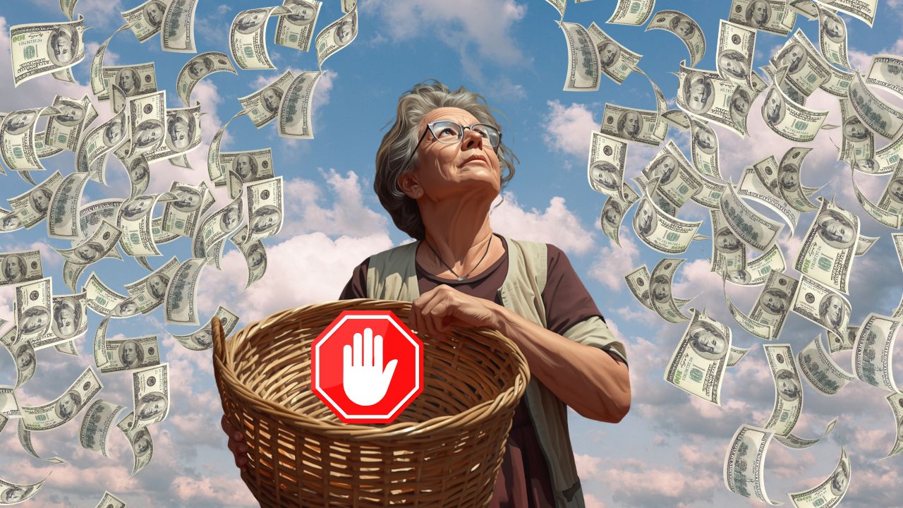 Older woman holding a basket with a stop sign as hundred dollar bills rain from the sky — warning about tariff refund scams