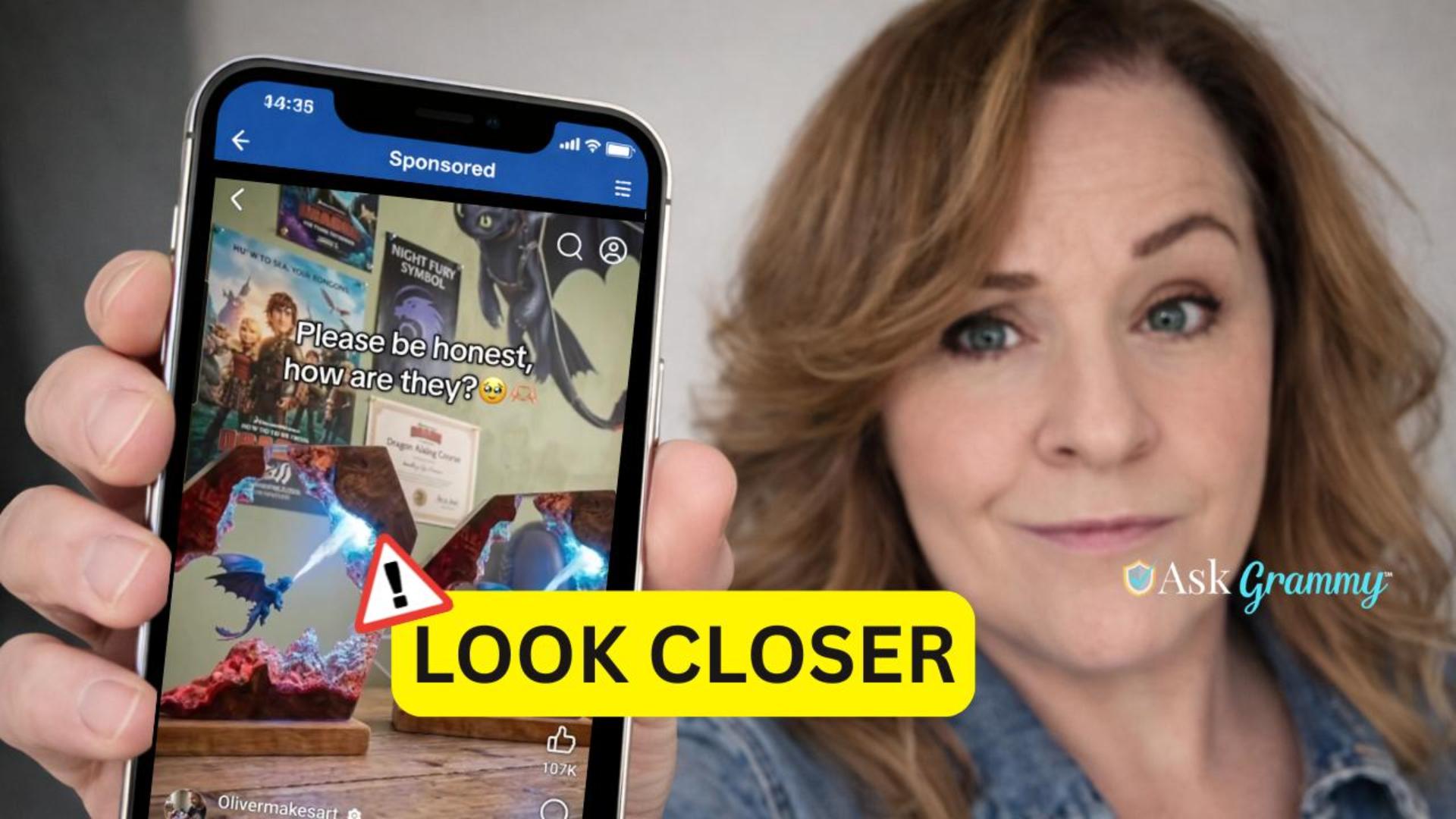 Grammy holding up cell with a screenshot of the dragon lamp scam.