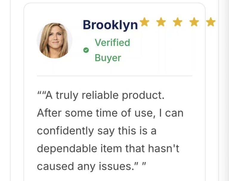 Fake testimonial featuring a photo of Jennifer Aniston
