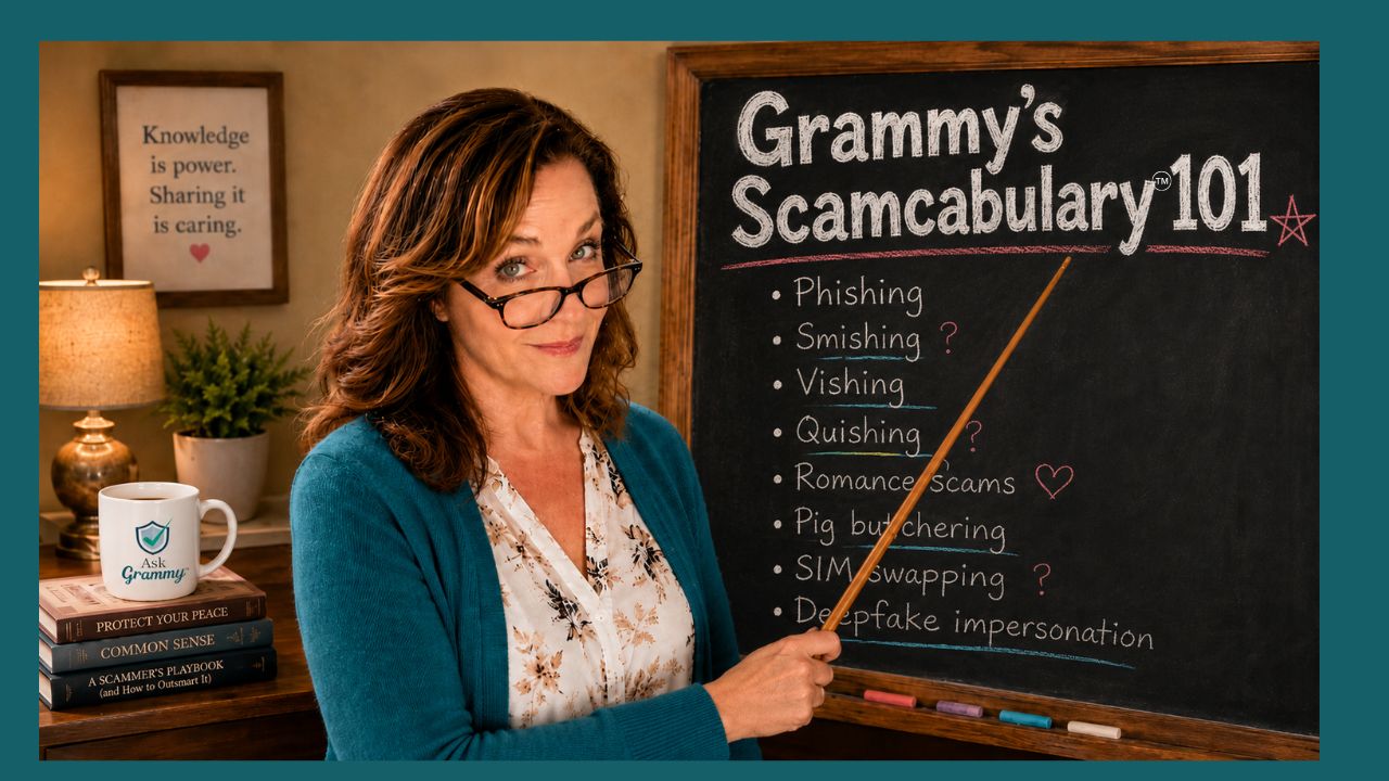 Woman looking over her glasses and pointing at words on a chalkboard