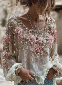woman wearing a bohemian floral shirt