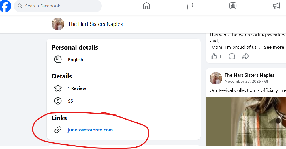 Facebook page showing old URL