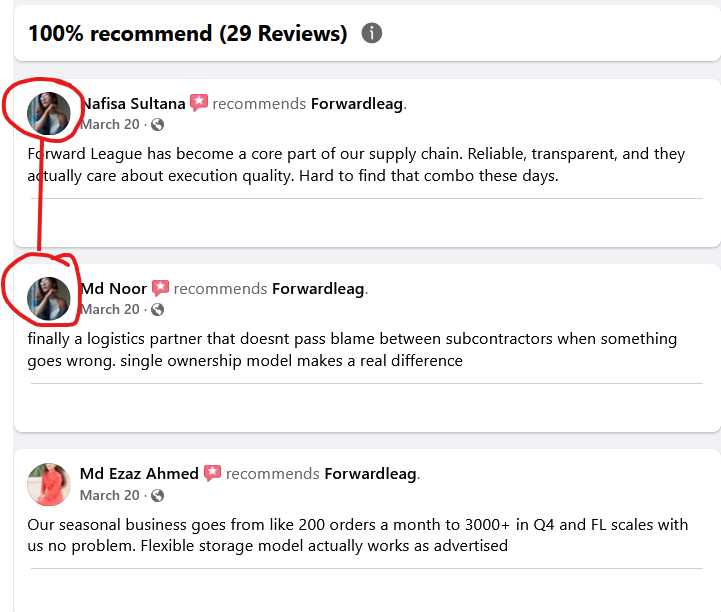 Screenshot of several "reviews" from the Forwardleag Facebook page