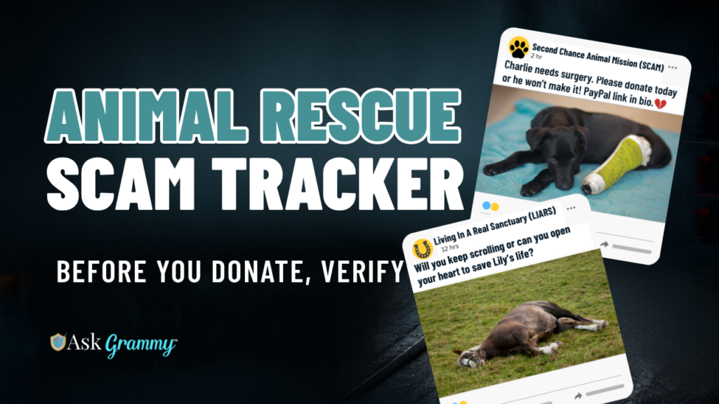 Animal Rescue Scam Tracker. Mock social media posts of dog and horse rescues