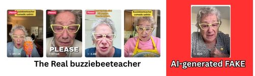 Images showing the real buzziebeeteacher vs the fake ai generated version