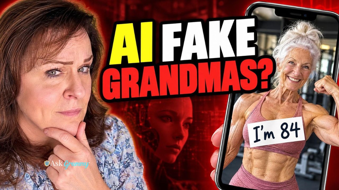 Grammy looking incredulous at an older woman flexing her muscles