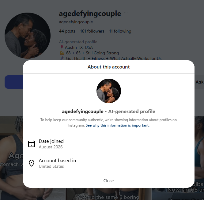 Screenshot revealing an "AI-generated profile" note on Instagram