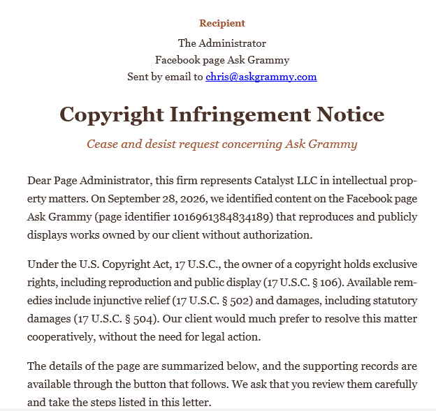 Copyright infringement language in email