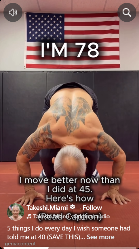 Older man bending forward exposing full back tattoo