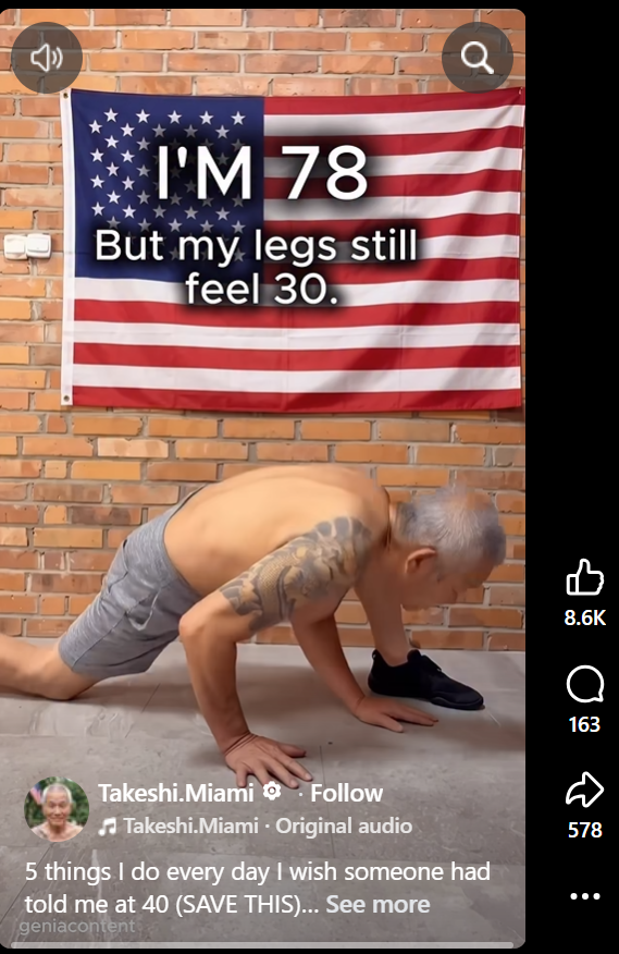 Older man bending forward exposing no back tattoo